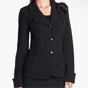 ST.‎ JOHN Caviar Knit Jacket Blazer Black Wool Blend Size 4 NO FLORAL PIN